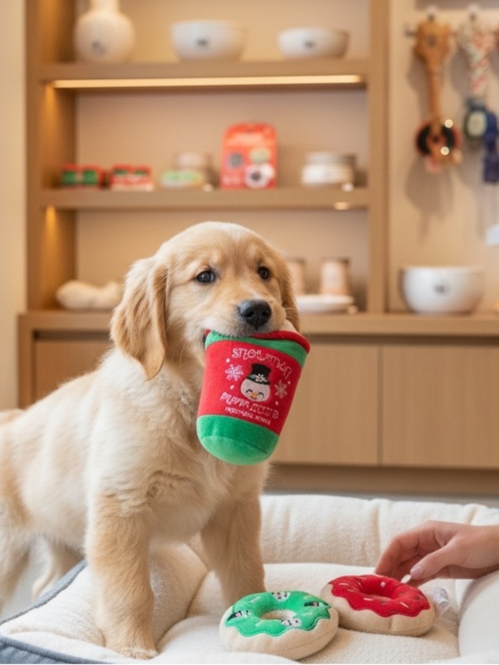 Plush Red & Green Holiday Squeaky Dog Toy - Festive Cup